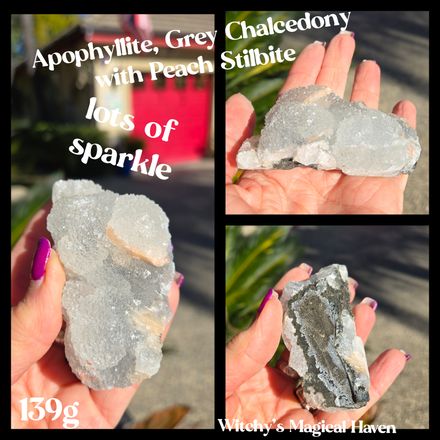 Apophyllite and Grey Chalcedony with Peach Stilbite Zeolite Crystal