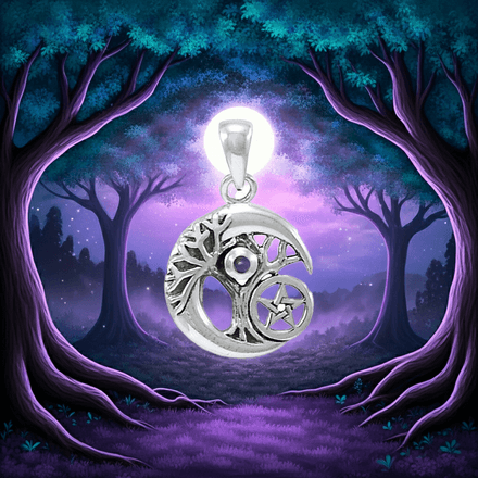 Crescent Moon Tree of Life Pentacle Amethyst Sterling Silver Pendant