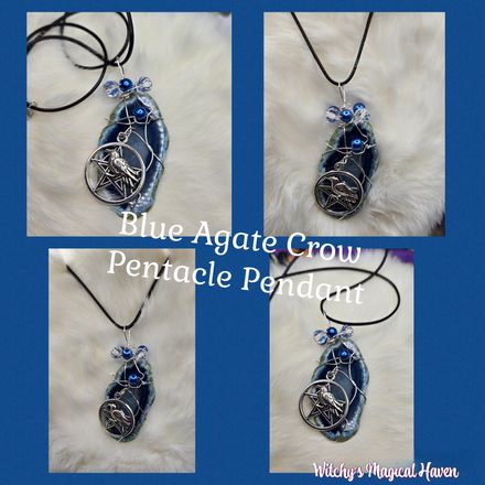 Blue Agate Crow Pentacle Charm Pendant