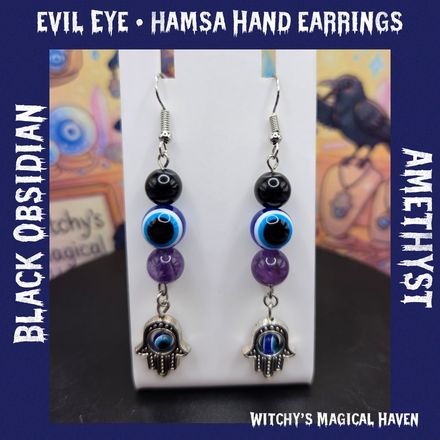 Hamsa Hand Evil Eye Gemstone Charm Earrings &amp; Bracelet Set