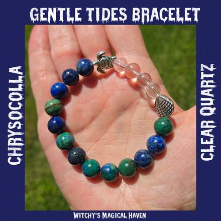 Chrysocolla, Clear Quartz Gemstone Bracelet with Turtle and Seashell Charms