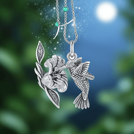 Flying Hummingbird with Flower Sterling Silver Charm Pendant