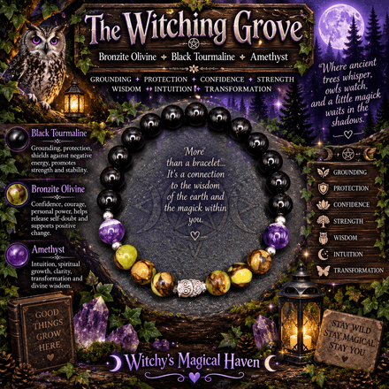The Witching Grove Bronzite Olivine, Black Tourmaline, Amethyst Gemstone Owl Bracelet