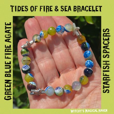 Tide of Fire &amp; Sea Green Blue Fire Agate Gemstone Bracelet