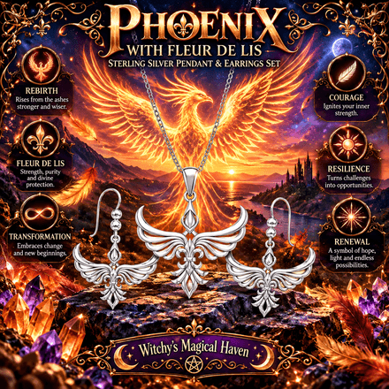 Phoenix with Fleur De Lis Sterling Silver Pendant and Earrings