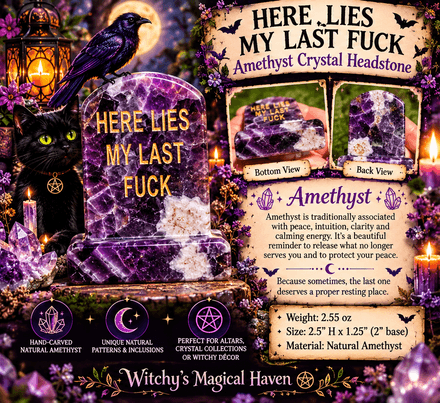Amethyst “Here Lies My Last Fuck” Hand-Carved Crystal Headstone