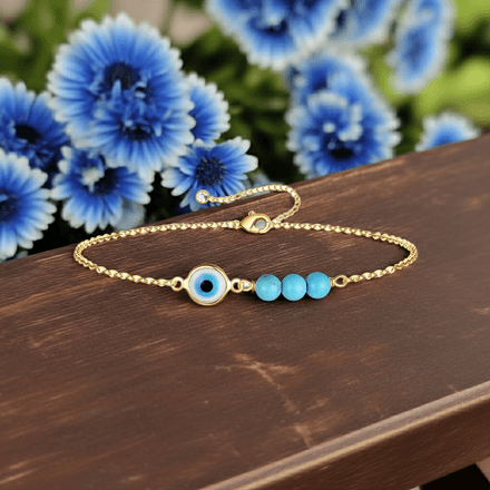 Evil Eye 3 Blue Beaded 18K Gold Plated Stainless Steel Bracelet