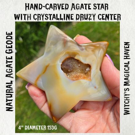 Hand-Carved Agate Star with Crystalline Druzy Center