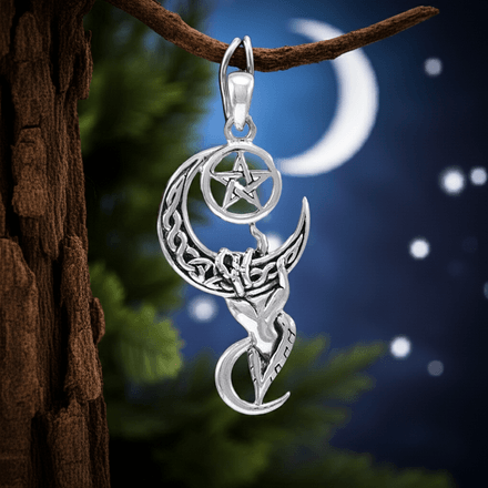 Hand Holding Celtic Moon with Pentacle Pendant