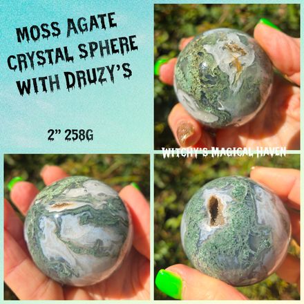 Moss Agate Gemstone Sphere with Crystal Druzy's