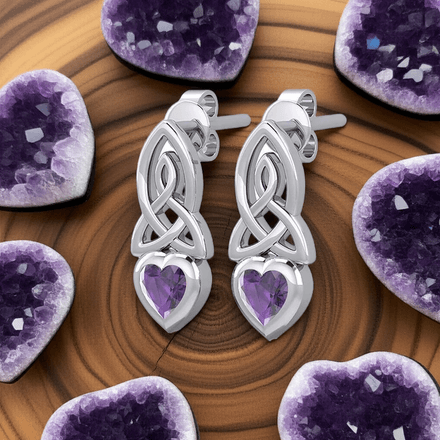 Celtic Knotwork Amethyst Heart Sterling Silver Post Earrings