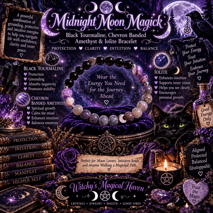 Midnight Moon Magick, Black Tourmaline, Chevron Banded Amethyst &amp; Iolite Bracelet