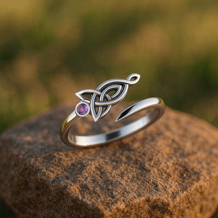 Celtic Motherhood Triquetra Sterling Silver Ring with Amethyst, size 8