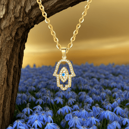 Hamsa Hand Evil Eye Cubic Zirconia 18k Gold Plated Stainless Steel Pendant