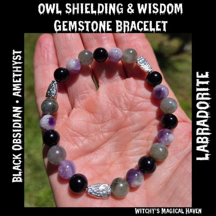 Owl Shielding &amp; Wisdom Black Obsidian, Amethyst, Labradorite Owl Bracelet