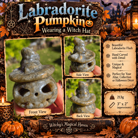 Labradorite Pumpkin Wearing a Witch Hat Hand-Carved Crystal Halloween Treasure