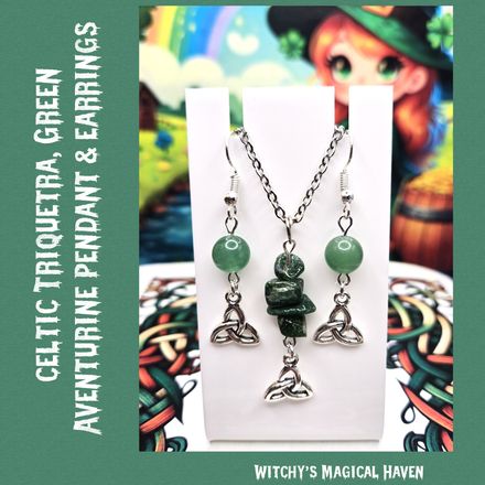 Celtic Green Aventurine Triquetra Charm Earrings and Pendant