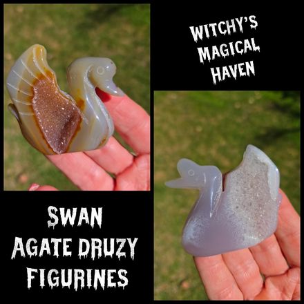 Hand Carved Agate Swan Figurines with Druzy
