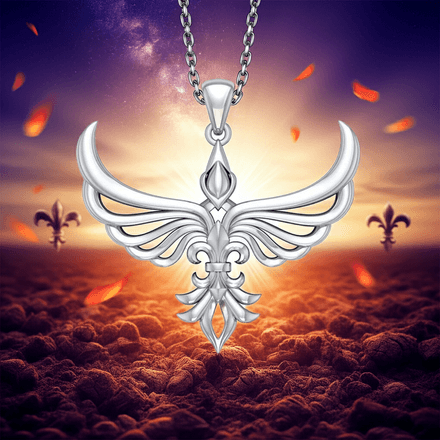 Phoenix with Fleur De Lis Sterling Silver Pendant and Earrings
