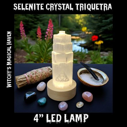 Selenite Crystal Tower 7-Color Changing LED Lamp etched with a Triquetra