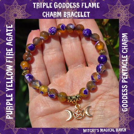 Triple Goddess Fire Purple Yellow Fire Agate Charm Bracelet