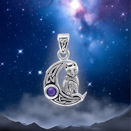 Cat Crescent Moon with Amethyst Sterling Silver Pendant