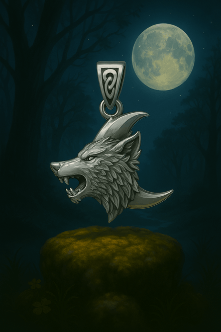 Celtic Crescent Moon Wolf Sterling Silver Pendant