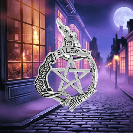 Broom, Cat, Witch Hat Salem Pentacle Sterling Silver Pendant