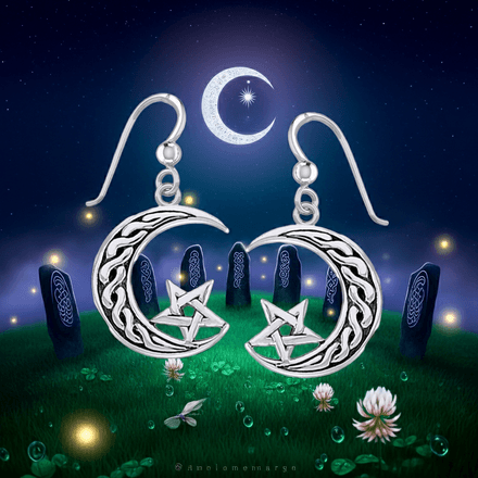 Pentagram on Celtic Crescent Moon Sterling Silver Earrings
