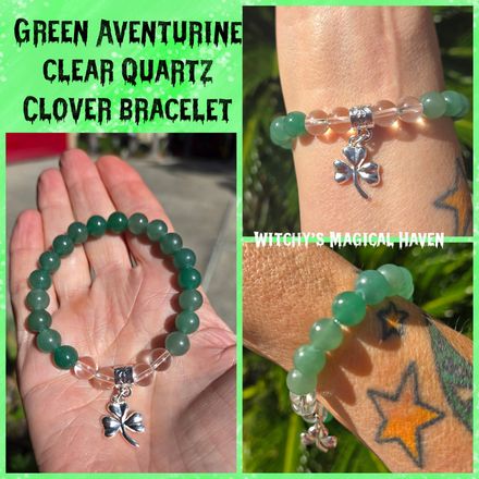 Green Aventurine &amp; Clear Quartz Gemstone Beaded Bracelet with Clover Charm