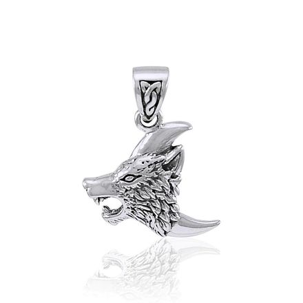 Celtic Crescent Moon Wolf Sterling Silver Pendant