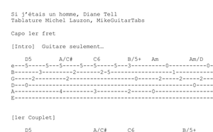 Si j&#x27;étais un homme, Diane Tell, Tablatures (PDF) avec paroles.
