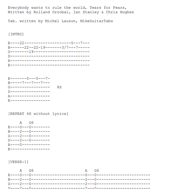 Everybody Wants To Rule The World - Tears for Fears tab