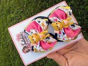 Pink And Navy Teddy Bear Hair Bow Set