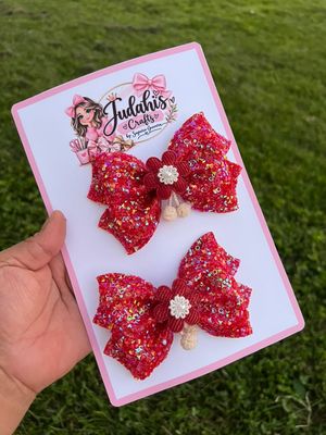 Red Glitter Flower Hair Bow Set