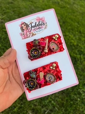 Red Sequin Mexican Pottery Hair Bow Set