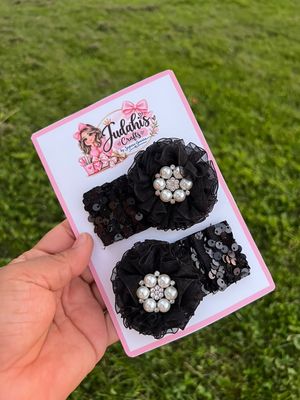 Black Pearl Rosette Hair Clip Set
