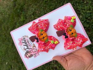 Pink Pumpkin Witch Hair Bow Set