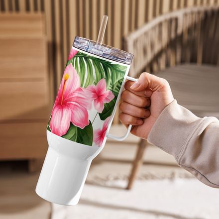 Citrus Bloom Insulated Travel Mug – Hibiscus &amp; Citrus Floral Stainless Steel Tumbler 