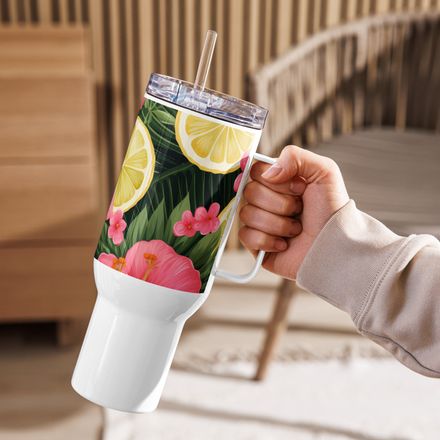 Midnight Citrus Insulated Travel Mug – Dark Hibiscus &amp; Citrus Floral Stainless Steel Tumbler
