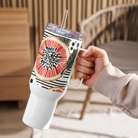 Berry Zest Travel Mug – Abstract Citrus &amp; Strawberry Stainless Steel Tumbler