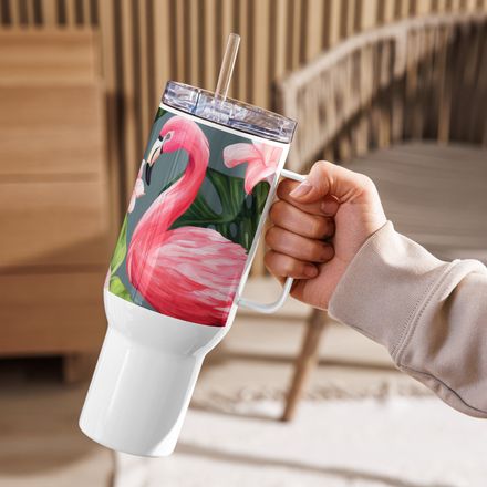 Nocturne Flamingo Travel Mug – Dark Tropical Flamingo &amp; Palm Stainless Steel Tumbler