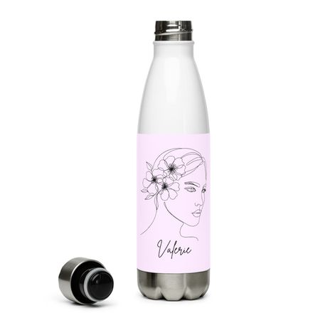 The Valerie Personalisable Drink Bottle - Lilac with Flower Lady Print on White Stainless Steel