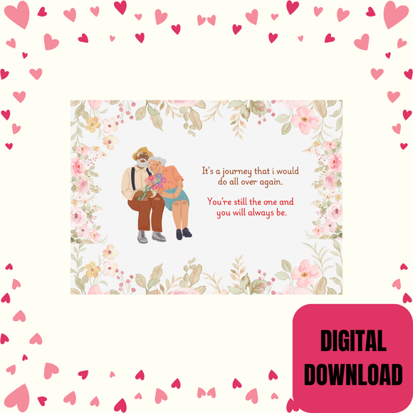 Elderly Couple Card- Landscape. Printable- instant down, 7x5 in.