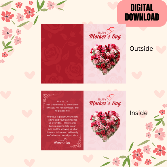 Beautiful Inspirational Folded Mother&#x27;s Day Card- Portrait. Printable- instant download, 21x14.8 cm.