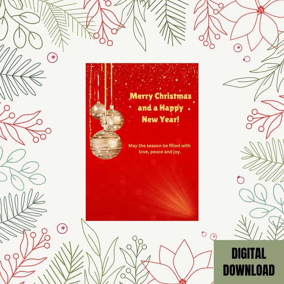 Cute Ornament Christmas &amp; New Year Card- Portrait. Printable instant download, 5x7 In