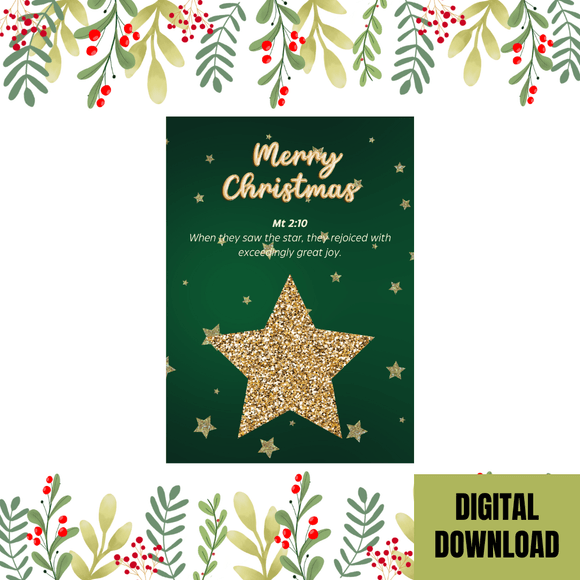 Cute Star Christmas Card- Portrait. Printable- instant download, 5x7 In