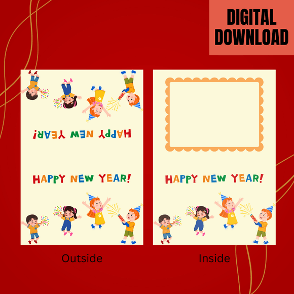 Lovely Kids New Year Folded Card- Landscape. Printable- instant download, 7x10 In.