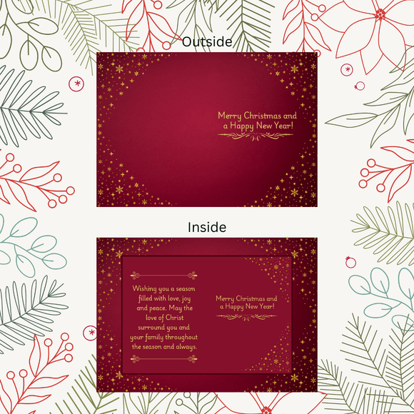 Folded Gold and Burgundy Christmas &amp; New Year Card- Portrait. Printable- instant download, 10x7 In.