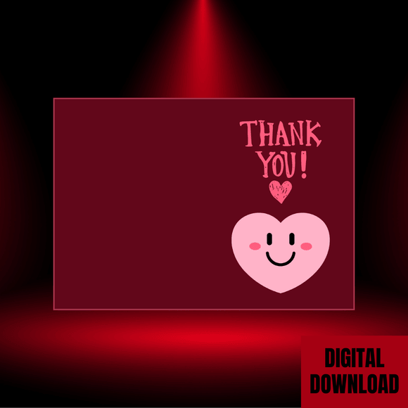 Cute Heart Smiley Thank You Folded Card- Portrait. Printable- instant download, 21x14.8 cm